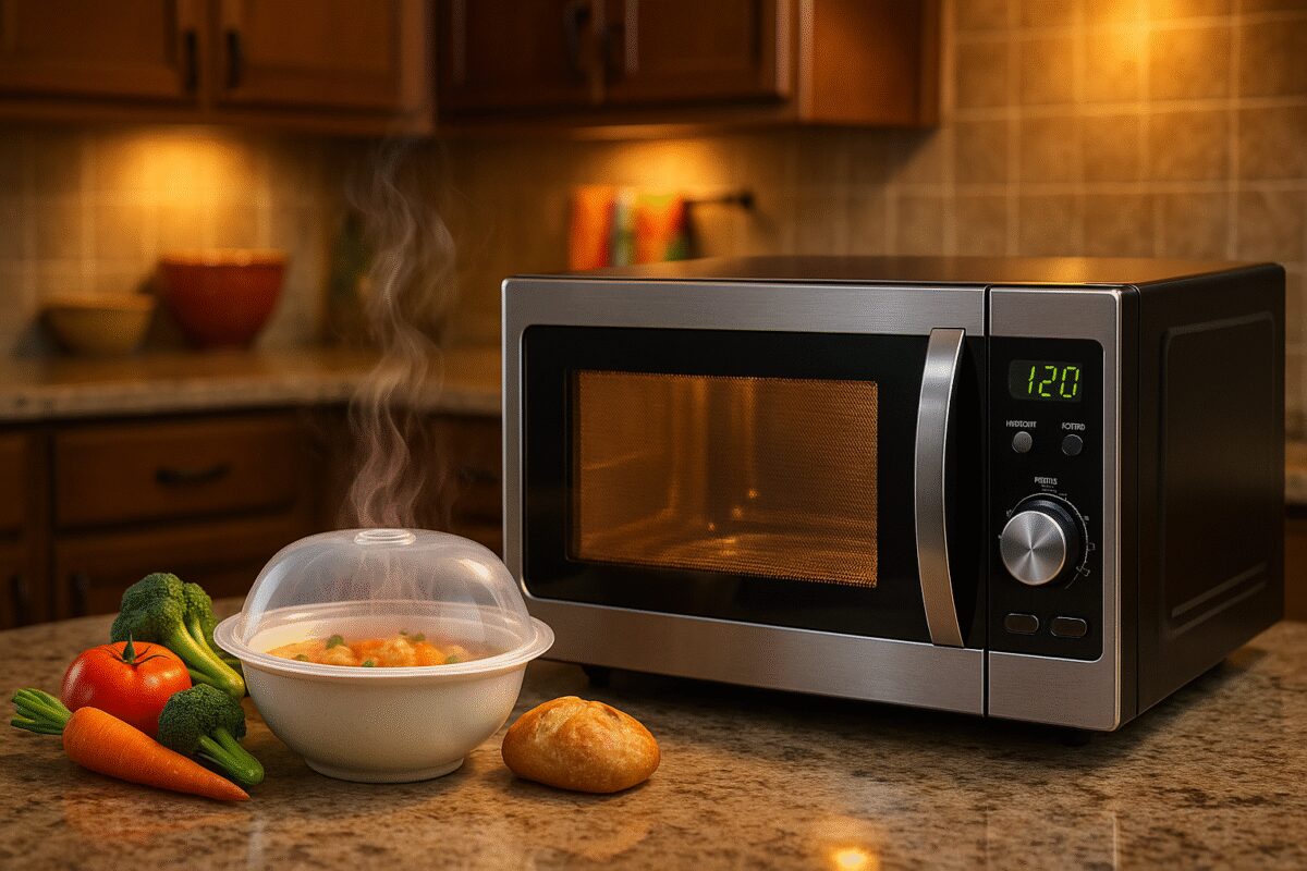A high-definition digital artwork of a cozy, warmly-lit kitchen with a modern microwave prominently placed on a marble countertop. In front of the microwave, there is a ceramic bowl with steam gently rising from it, encapsulated by a transparent microwave-safe cover. Next to it, several colorful vegetables and a small loaf of bread are artfully arranged, suggesting the versatility of microwave cooking. The background features wooden cabinets and a hint of vibrant kitchen decor, creating an inviting, gourmet atmosphere.