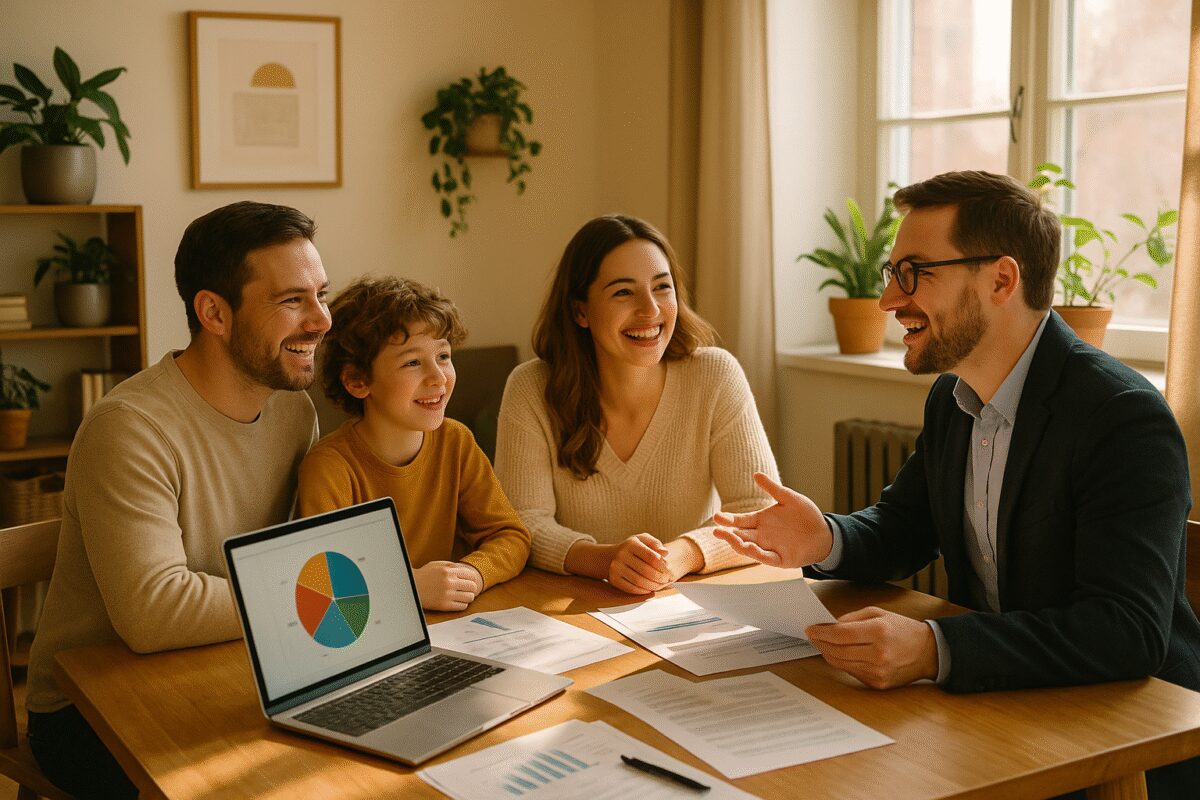 A high-definition image of a cozy, sunlit home office where a family is engaged in a financial planning session. The scene is filled with a warm, inviting atmosphere, featuring a wooden table scattered with papers and a laptop displaying a colorful pie chart. A couple, along with their child, are cheerfully discussing with a financial advisor. The walls are adorned with plants and minimalistic art, adding a touch of nature and style to the space. Natural light streaming through the window casts gentle shadows, highlighting the harmony and focused energy in the room.