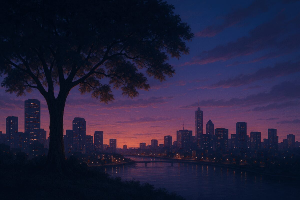 A high-definition digital artwork depicting a thoughtful, serene cityscape at twilight. In the foreground, a majestic tree stands with its leaves rustling gently in the breeze, symbolizing stability amidst change. The city's modern skyline is silhouetted against a deepening blue and purple sky, with warm lights flickering on in the windows of tall buildings. A river meanders through the city, reflecting the glistening lights and the gentle hues of the sunset. The scene conveys a sense of calm, introspection, and careful planning, capturing the essence of navigating financial decisions in a changing economic landscape.