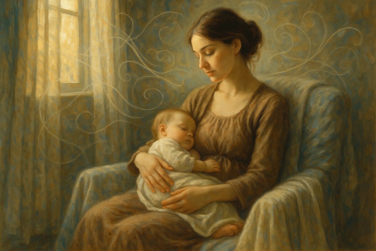 A serene painting depicting a young mother seated comfortably in a softly lit room, her baby nuzzling close in peaceful slumber. The mother, with a gentle and contemplative expression, is enveloped in a gentle, warm glow from a nearby window casting dappled patterns on the walls. Around her, the room is adorned with soft fabrics and calming colors, while delicate, wispy lines symbolize the ebb and flow of hormones in the air, intertwining gracefully with moments of tranquility and change. The image should be in high definition, capturing the nuanced play of light and the quiet, tender intimacy of the scene.