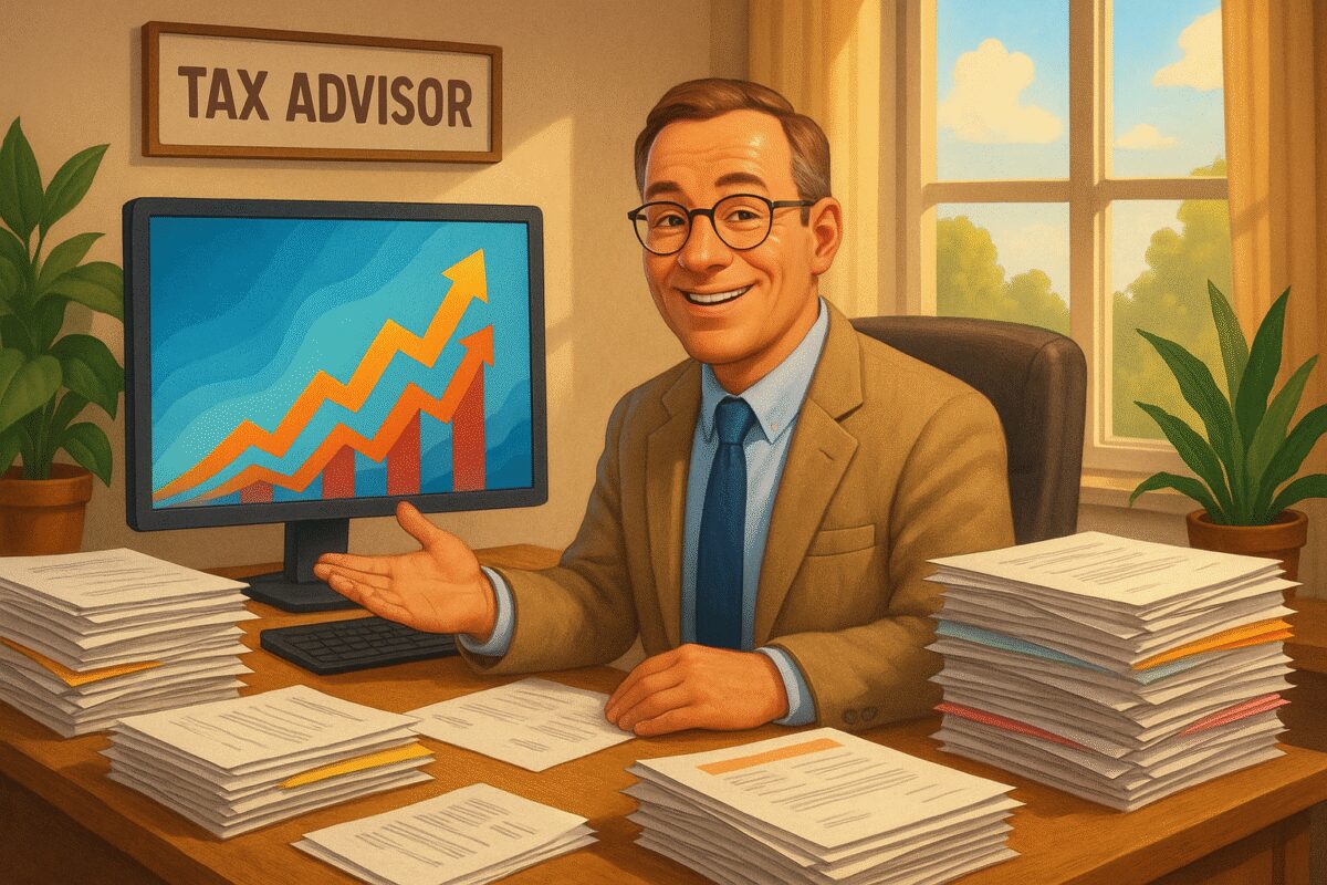 A high-definition digital artwork depicting a serene and organized office setting with warm lighting, featuring a friendly tax advisor sitting at a desk piled with colorful documents and paperwork. The advisor is smiling reassuringly, gesturing towards a large, modern computer screen displaying a vibrant, abstract visual representation of upward-flowing financial growth. In the background, a window reveals a sunny day, symbolizing clarity and financial empowerment. Vibrant green potted plants add a lively touch to the otherwise professional atmosphere.