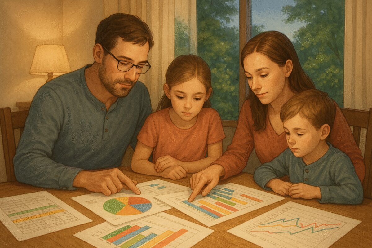 A serene, high-definition illustration of a family gathered around a table at home, earnestly reviewing a colorful spread of charts and financial papers. Soft, ambient lighting casts a warm glow across the scene, highlighting the expressions of focused determination on their faces. Through a nearby window, a lush, green garden suggests growth and prosperity, symbolizing the potential for positive change and financial improvement.