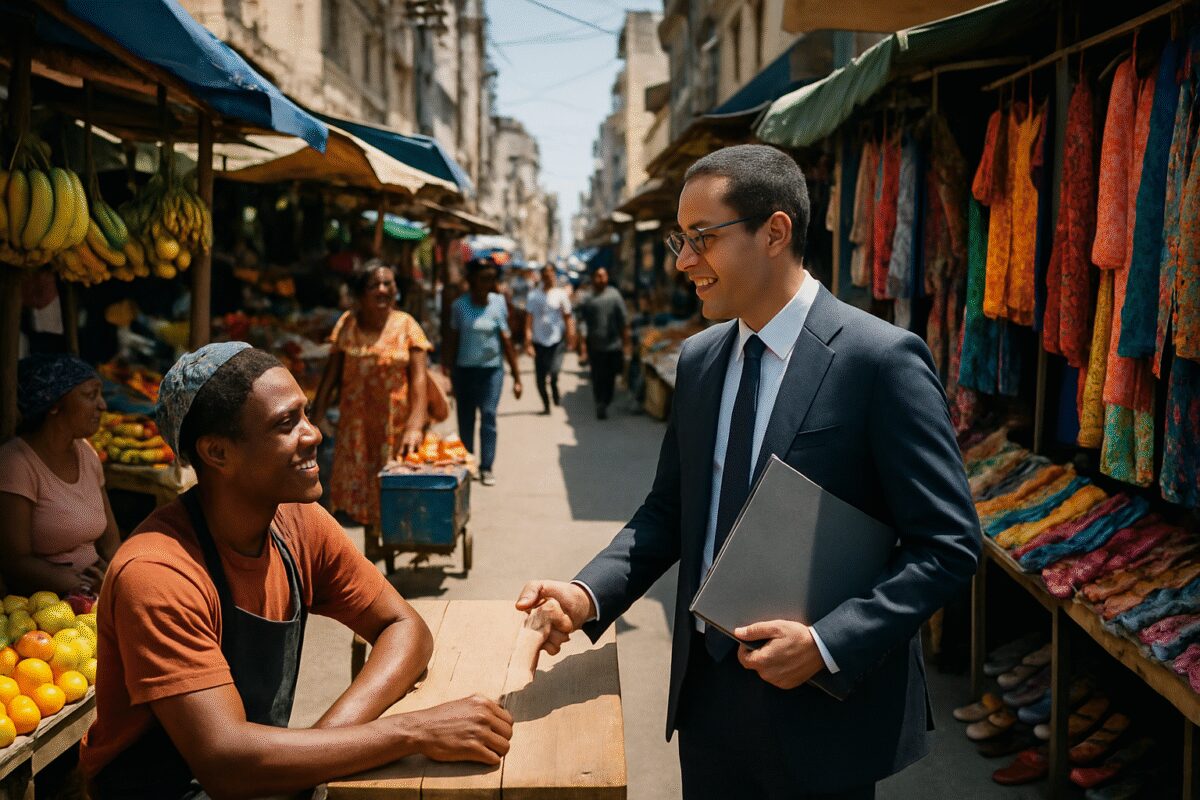 A realistic photograph capturing a bustling market street in an urban setting: various independent vendors and small shops line the road, each displaying colorful goods under the bright midday sun. Visibly diverse, the vendors are engaged in commerce, symbolizing entrepreneurial spirit. In the background, a professional-looking person with a file in hand, possibly a tax advisor, interacts amicably with a vendor at a wooden stall, adding a touch of guidance and consultation. The scene is lively and vibrant, with a depth of field that blurs distant passersby, providing focus and clarity to the central interaction. This high-definition image encapsulates the concept of small business owners navigating financial matters with expert assistance.