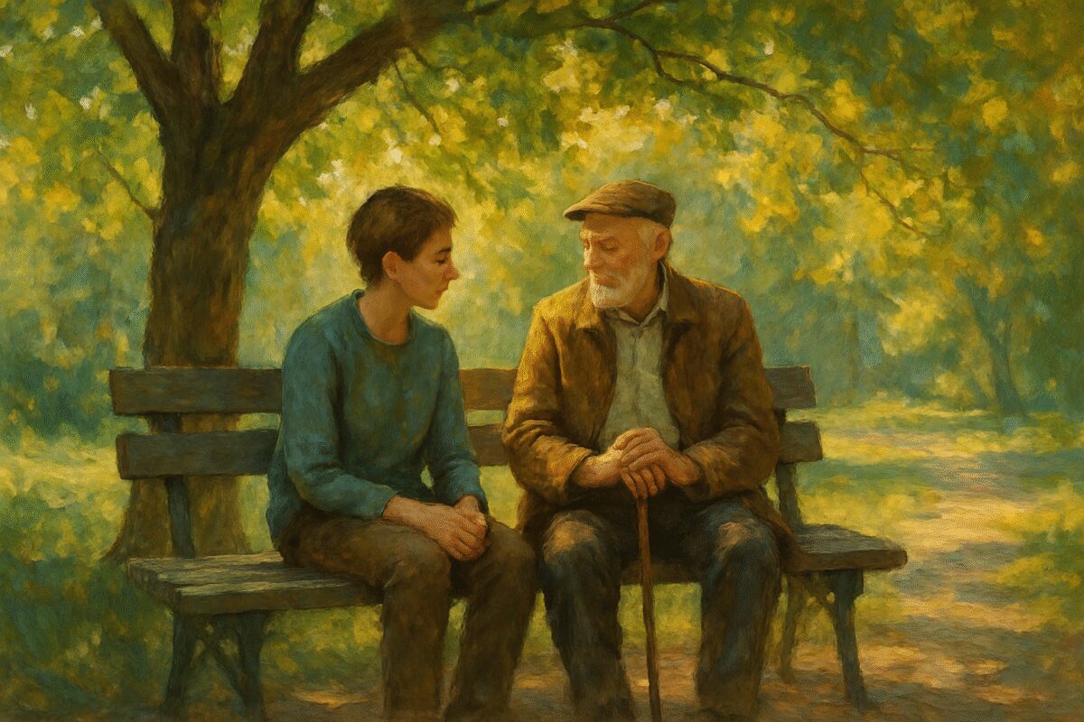 A painting depicting a serene and thoughtful scene: a young person and an elderly person sitting together on a park bench under the dappled light of a large, protecting tree. The foliage is lush and green, casting gentle shadows. Brushstrokes are visible, conveying both vibrancy and tranquility, with a warm sunlight filtering through the leaves, creating a comforting, timeless atmosphere. The expressions of both figures suggest understanding and care, symbolizing preparedness for future needs. The scene captures a moment of intergenerational connection and foresight, all in high definition.