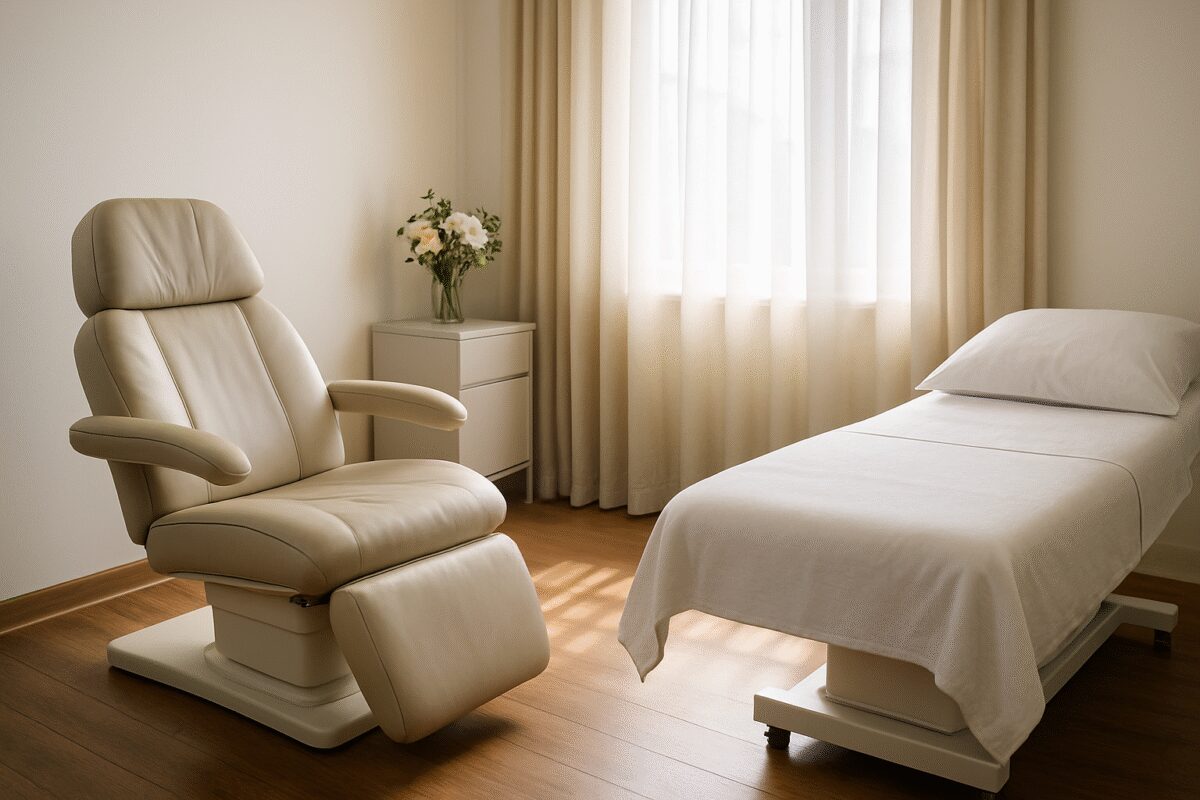 A realistic photograph depicting a serene, private clinic room filled with natural light, showcasing a sleek, modern design. A polished hardwood floor leads to a large window with soft curtains, allowing gentle sunlight to pour in. A comforting, cushioned recliner chair faces towards a plush examination bed with crisp, white linens. In the background, a vase with fresh flowers sits on a minimalist side table, adding a touch of tranquility. The room's ambiance is calm and professional, with hints of nature, reflecting the premium and attentive care offered through private health insurance. Capture this scene in high definition, focusing on the inviting and sophisticated atmosphere.