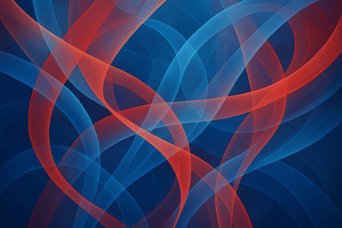 An abstract graphic art in high definition, featuring a composition of interwoven, translucent blue and red shapes with soft gradients, swirling harmoniously like ribbons of silk. The shapes curve and intersect in an intricate dance, evoking the complexity and delicate balance involved in medical procedures. Dappled light filters through the translucent layers, creating a sense of depth and movement, while a subtle texture akin to fine silk threads enhances the tactile quality of the image.