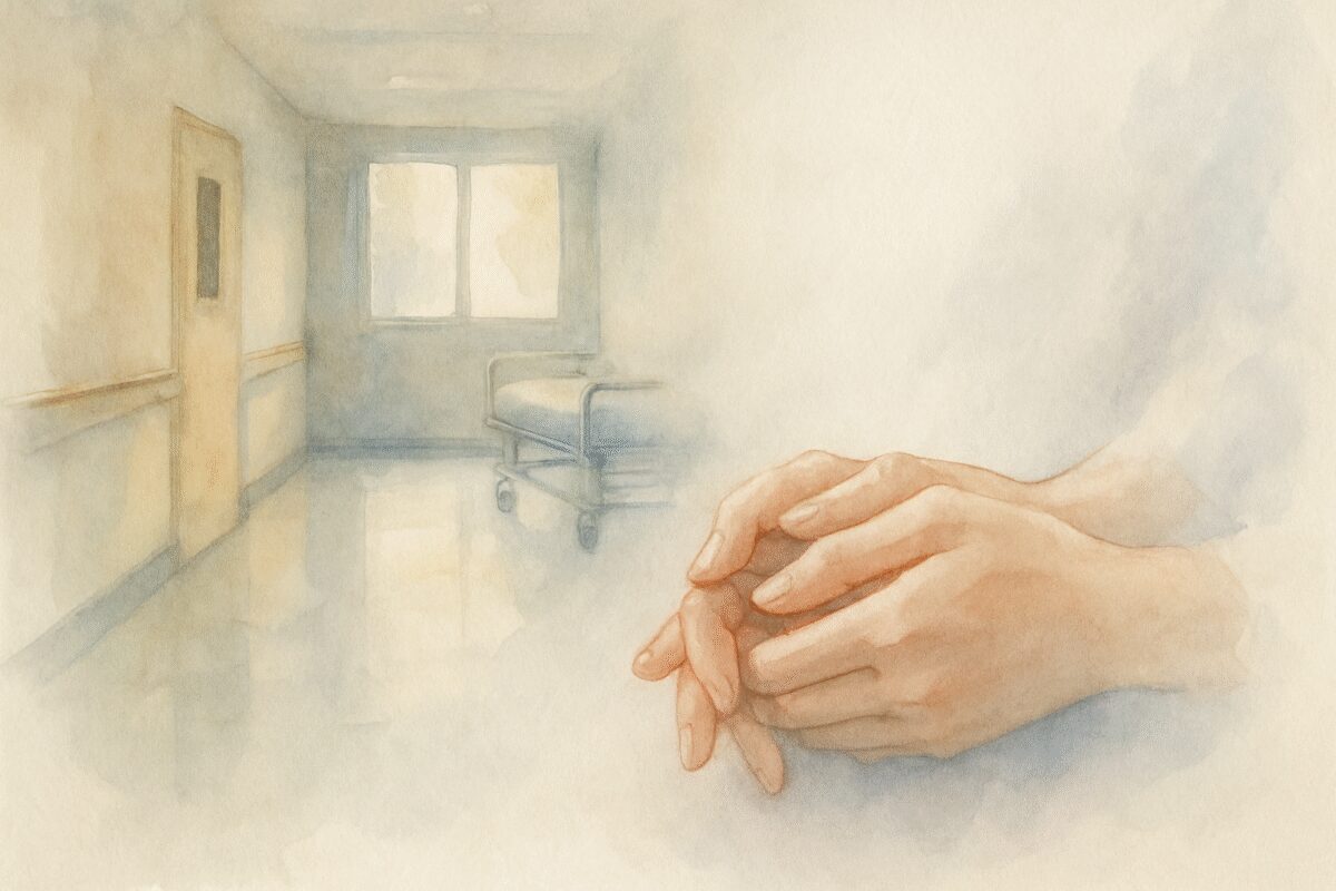 A painting in the style of a delicate watercolor: A serene scene of a hospital corridor bathed in soft, ambient light filtering through a large window. In the foreground, a pair of women's gentle hands, symbolizing care and support, are depicted with subtle brushstrokes, their outlines blending into a soft, white background. Faint shadows suggest an air of contemplation and introspection, emphasizing a delicate balance of emotions. The high-definition canvas brings texture to the paper, with visible washes of color gently interplaying across the scene.