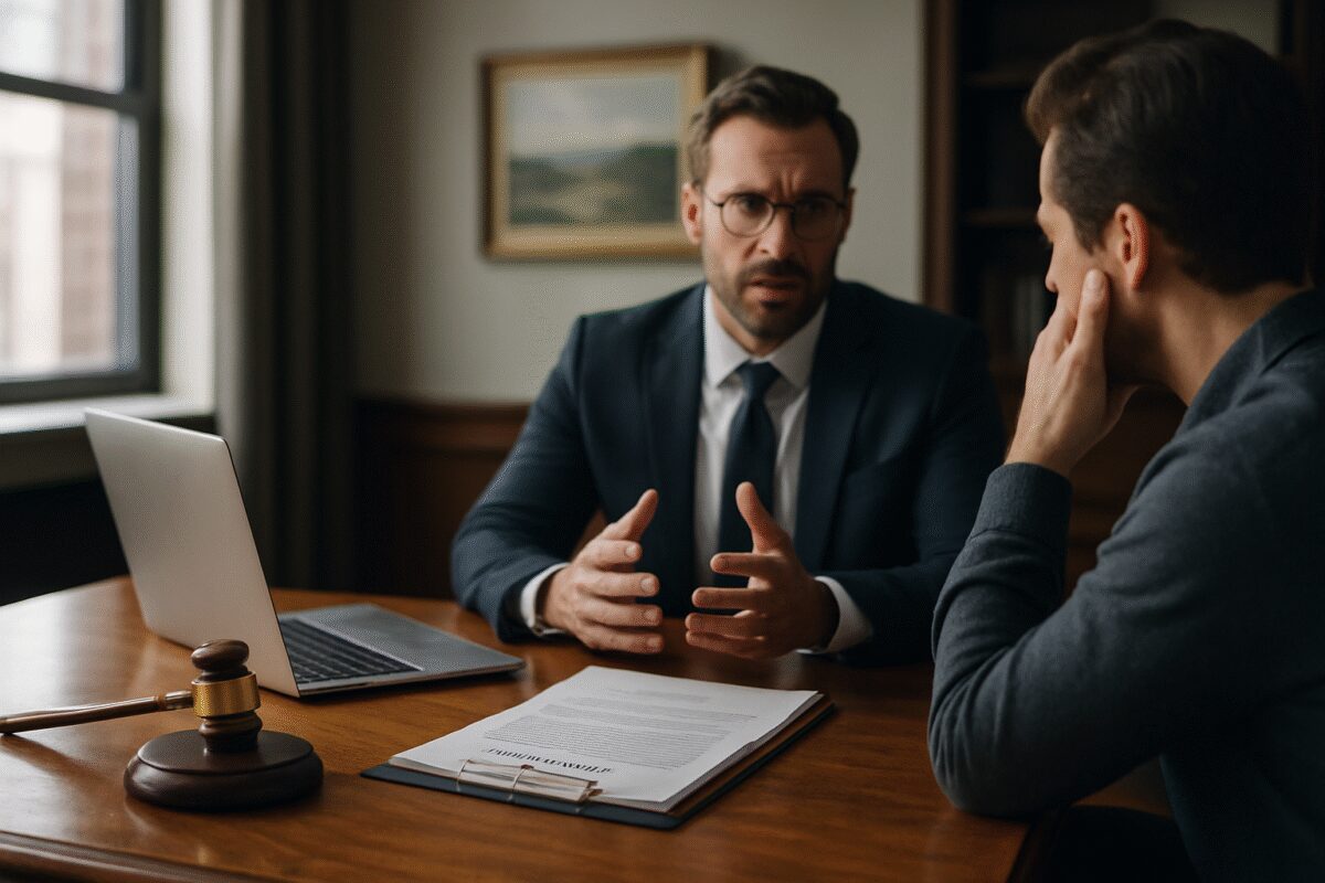 A realistic photograph depicting a thoughtful scene in a modern law office. The camera focuses on a large, polished wooden desk with neatly arranged legal documents and a sleek laptop open on the side. Natural light gently filters through a nearby window, illuminating a framed picture of a serene landscape on the wall and casting soft shadows across the desk. In the background, a well-dressed attorney engages in a serious yet empathetic conversation with a client, both partially in view. The atmosphere conveys professionalism, trust, and the importance of careful legal guidance. High definition.
