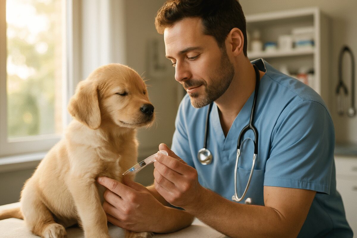 A realistic photograph depicting a caring veterinarian gently administering a vaccine to a calm, content puppy, with soft daylight streaming through a window, illuminating the scene with warm, inviting tones. The pup, a golden retriever, sits peacefully on a cushioned examination table, with the veterinarian's hands skillfully holding a syringe. The camera captures the tender moment from a side angle, showcasing both the vet's focused expression and the puppy's relaxed demeanor, highlighting the nurturing aspect of pet care. The surroundings are a modern, well-equipped veterinary clinic, with shelves of medicine and a stethoscope visible in the background. High definition.