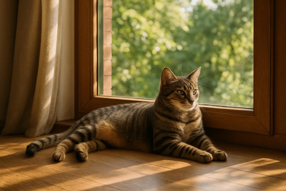 A realistic photograph capturing a serene and cozy home setting where a sleek, healthy tabby cat lounges contentedly on a sun-drenched windowsill. The window overlooks a lush, green garden, hinting at the outside world's allure. The cat's glossy fur and alert gaze convey a sense of vitality and security. Sunlight filters through the leaves, casting soft, natural shadows onto the wooden floor. The high-definition image should convey a warm, peaceful atmosphere, highlighting the cat as a content, cherished member of the household.