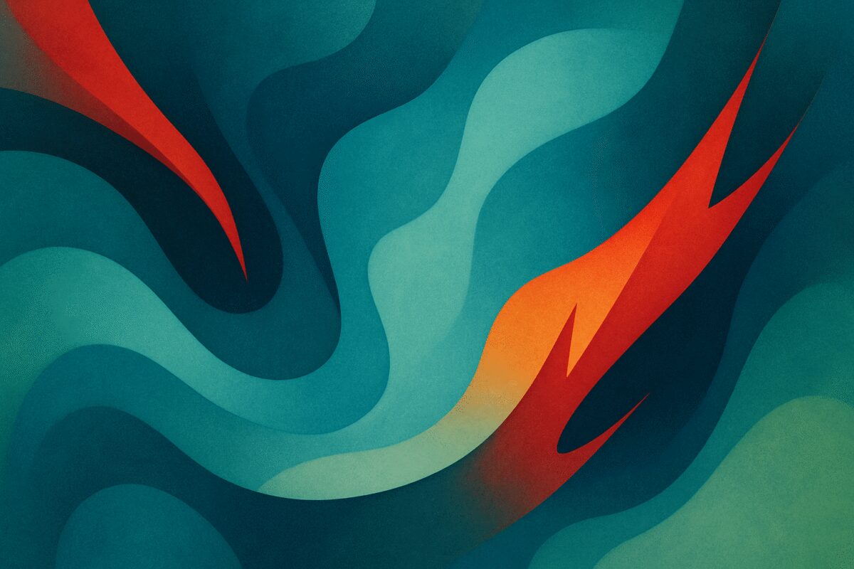 Create an abstract graphic art piece in high definition that evokes the gentle balance between harmony and conflict. Use flowing organic shapes to symbolize the calmness and peace achieved through preventative measures, interspersed with sharper, more chaotic forms suggesting the potential for disruption. Select a color palette of calming blues and greens, merged with occasional striking reds and oranges to represent underlying tension. Integrate gradients and soft textures to enhance the sense of movement and transformation within the composition. No text or symbols, just pure abstraction and emotion through color and form.