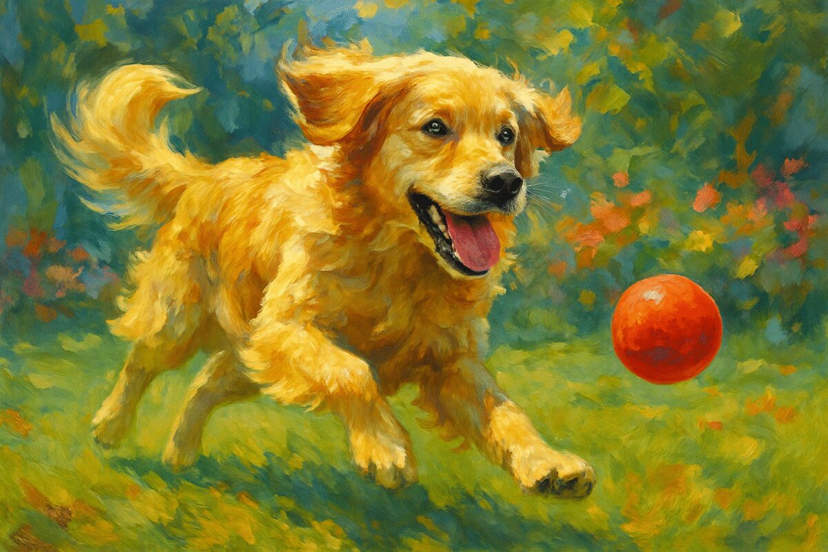 A painting of a playful, energetic golden retriever in a lively chase, fur bouncing, eyes gleaming with joy. The background features a sunlit garden with soft green grass and colorful flowers, and a bright red rubber ball mid-air, inviting the dog's playful spirit. The artwork should capture the dog's dynamic movement with expressive brushstrokes and vibrant colors, evoking a sense of joy and spontaneity that conveys the essential happiness between dogs and their toys. Make the painting detailed in high definition.