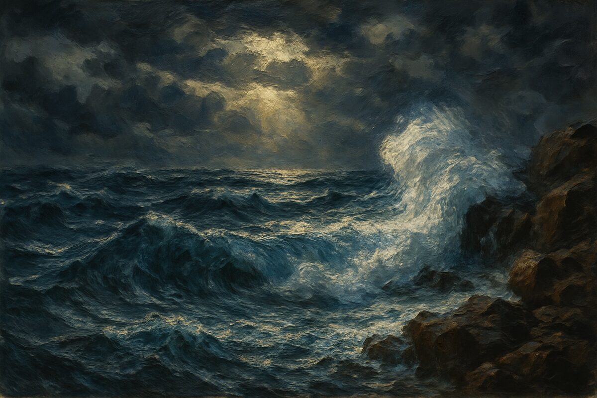 A painting of a stormy sea in oil paint, with swirling, dark blue waves crashing relentlessly against a rocky shore. The sky is overcast with dramatic, heavy clouds, while a single ray of golden sunlight breaks through, illuminating part of the churning ocean. Visible brushstrokes convey the tumult and power of the elements, contrasting the chaos and possibility within the scene. High definition.
