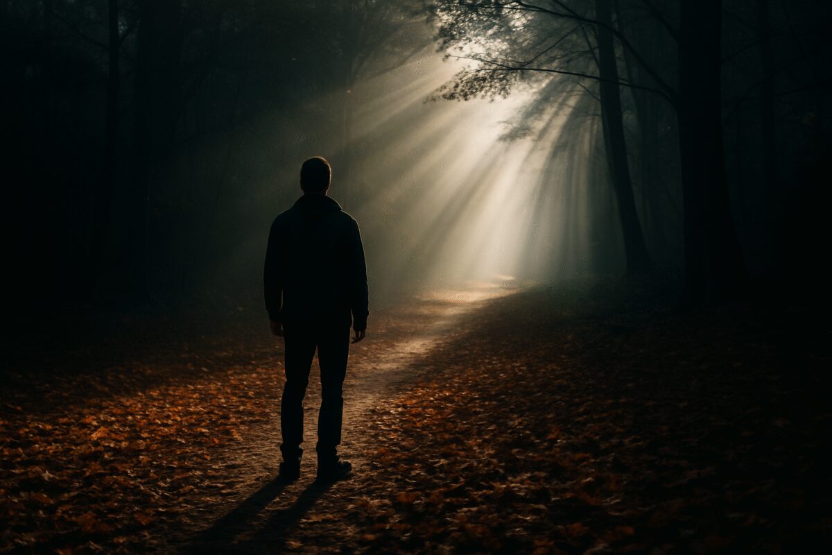 A realistic photograph capturing a solitary figure standing at the edge of a shadowy forest where sunlight streams through the branches in strong rays, creating a stark contrast between light and darkness. In the foreground, autumn leaves blanket the ground, with a path winding away into the light, symbolizing both challenge and hope. The depth of field softly blurs the background, focusing on the play of light and shadow across the scene, in high definition.