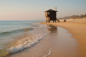 A wide early morning view of a Mediterranean beach in Israel, shallow clear water washing over pale golden sand, a lone wooden lifeguard tower standing in the middle distance with a plain colored flag on its mast, two small figures walking near the waterline. Soft low-angle sunlight with long shadows, cool blue water against warm sand tones, light haze over the horizon. Clean editorial photography, wide horizontal composition, shallow depth of field on the foreground water.
