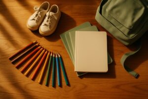 A warm domestic scene photographed from directly above: a wooden kitchen table at golden hour scattered with new school supplies, colored pencils fanned out in an arc, a stack of blank notebooks, a folded pair of small canvas sneakers and a plain backpack resting at the edge of the frame. Soft late afternoon light streams in from the left, casting long gentle shadows across the grain of the wood. Muted earthy palette of warm ochre, sage green and cream against natural oak. Clean editorial lifestyle photography with shallow depth of field.