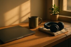 A quiet home office desk at golden hour seen from a slight side angle: a closed laptop, a ceramic mug, a pair of headphones resting on a folded linen cloth, and a small potted plant. Warm late afternoon light streams through a window casting long soft shadows across the wooden surface. Muted palette of warm sand, olive green and deep blue. Clean editorial photography, shallow depth of field, calm and uncluttered.