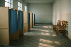 A wide editorial photograph of a quiet empty public hall in early morning, rows of simple plywood partition booths with plain blue fabric curtains, worn checkered tile floor, stacked wooden chairs against a bare pale wall. Cool blue and warm neutral tones, slightly desaturated. Soft natural window light casting long diagonal shadows, shallow depth of field, calm documentary style.