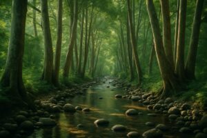 A narrow stream running through a dense grove of tall plane trees in northern Israel, dappled morning sunlight filtering through a closed canopy onto shallow clear water and smooth stones. Cool green and deep shadow tones contrasted with warm patches of light on the water surface. Wide natural composition at eye level, calm and inviting. Editorial nature photography with soft natural light and shallow depth of field.