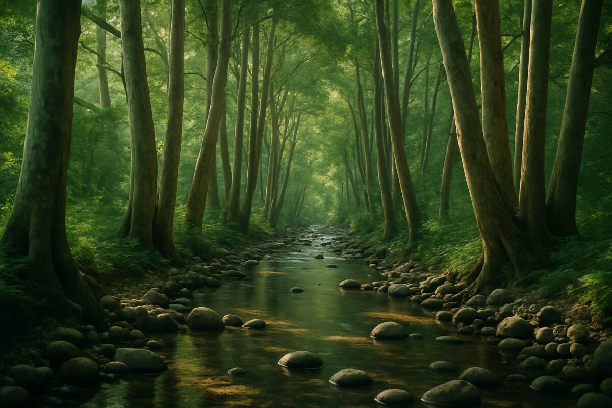 A narrow stream running through a dense grove of tall plane trees in northern Israel, dappled morning sunlight filtering through a closed canopy onto shallow clear water and smooth stones. Cool green and deep shadow tones contrasted with warm patches of light on the water surface. Wide natural composition at eye level, calm and inviting. Editorial nature photography with soft natural light and shallow depth of field.