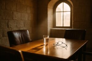 A quiet wooden meeting table in a sunlit Jerusalem room, worn leather chairs pulled slightly apart, a glass of water and a pair of reading glasses resting on the polished surface, dust motes drifting in a shaft of afternoon light from a tall arched window. Warm amber and cream tones against cool stone walls. Calm editorial photography with shallow depth of field and soft natural shadows.