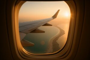 A wide view from an airplane cabin window at golden hour, the wing catching warm low sunlight above a curving Mediterranean coastline of pale sand meeting deep blue water. Soft haze on the horizon, warm amber tones against cool teal sea, gentle natural lens flare. Clean editorial travel photography, natural light, shallow depth of field.