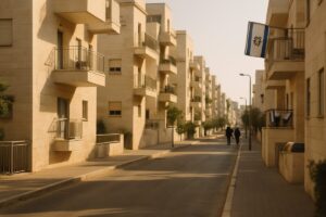 A calm early morning view of a residential Israeli neighborhood street, pale stone apartment buildings with balconies, a few people walking along the sidewalk toward the far end of the street, a small blue and white flag catching the light on one balcony. Warm low sun casting long soft shadows across the pavement, muted sand and stone tones against a clear pale sky. Clean editorial photography, natural light, shallow depth of field.