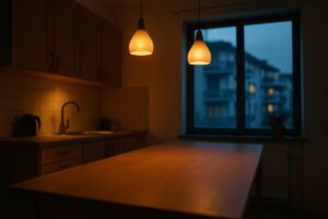 A quiet residential kitchen at dusk, seen from a low wide angle, with warm pendant lights glowing above a bare wooden counter and the last blue daylight coming through a window. A row of apartment balconies is visible outside, softly out of focus. Muted palette of warm amber against cool blue shadows, calm and domestic. Clean editorial photography with shallow depth of field.