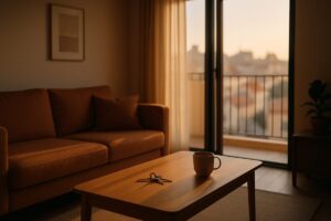 A quiet contemporary living room in an Israeli apartment at golden hour, warm light falling across a wooden table with a set of house keys and a coffee cup, a balcony door slightly open onto soft blurred city rooftops. Muted palette of warm beige, terracotta and deep blue shadows. Calm editorial interior photography, shallow depth of field, natural light.