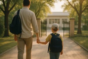 A warm early-morning scene at the entrance gate of a low-rise neighborhood school, a parent and a young child walking hand in hand toward it from behind, soft golden sunlight filtering through mature trees onto a paved path. Muted greens and warm sand tones, gentle shadows, calm and reassuring atmosphere. Clean editorial photography with shallow depth of field and a natural, unposed feel.