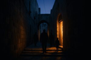 A narrow stone alley in an old Middle Eastern city just before dawn, warm lamplight spilling from an open doorway onto worn limestone steps, a few silhouetted figures walking toward the light. Deep indigo pre-sunrise sky above ancient stone walls, soft amber pools of light against cool blue shadows. Atmospheric documentary photography with shallow depth of field and gentle grain.