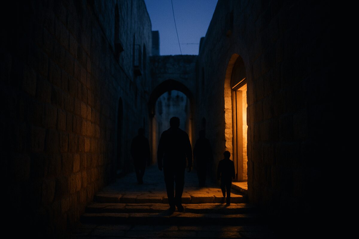 A narrow stone alley in an old Middle Eastern city just before dawn, warm lamplight spilling from an open doorway onto worn limestone steps, a few silhouetted figures walking toward the light. Deep indigo pre-sunrise sky above ancient stone walls, soft amber pools of light against cool blue shadows. Atmospheric documentary photography with shallow depth of field and gentle grain.
