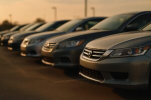 A row of used cars parked in a dealer lot at golden hour, shot from a low three quarter angle so the front bumpers and headlights recede into the distance. Warm late afternoon light rakes across the hoods, long shadows on grey asphalt, muted silver blue and charcoal body colors against a soft hazy sky. Clean editorial photography, shallow depth of field with the nearest car sharp and the rest gently blurred.