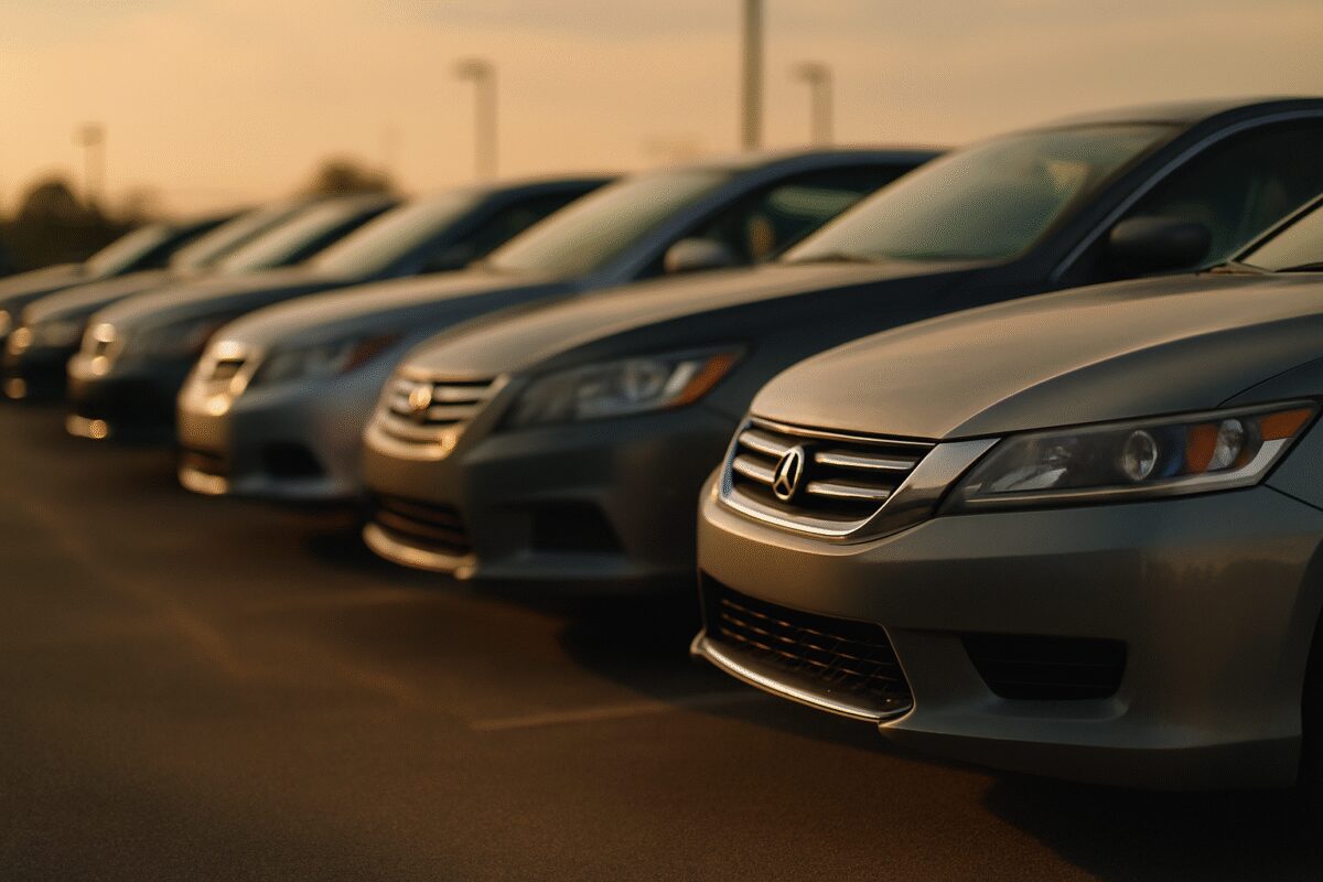 A row of used cars parked in a dealer lot at golden hour, shot from a low three quarter angle so the front bumpers and headlights recede into the distance. Warm late afternoon light rakes across the hoods, long shadows on grey asphalt, muted silver blue and charcoal body colors against a soft hazy sky. Clean editorial photography, shallow depth of field with the nearest car sharp and the rest gently blurred.