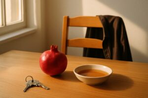 A quiet Israeli kitchen table in warm early autumn light, a pomegranate and a shallow bowl of honey beside a set of house keys and a folded jacket on the chair back. Soft window light from the side, warm amber and deep red tones against pale wood and white walls. Clean editorial photography, shallow depth of field, calm domestic mood.