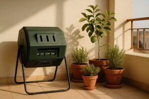 A sunlit Mediterranean apartment balcony in late afternoon, a dark green plastic tumbling compost bin on a low metal frame beside terracotta pots of herbs and a young lemon tree, pale stone tiles and a white plastered wall behind. Warm low-angle light, long soft shadows, an earthy palette of terracotta, olive green and sand. Clean editorial photography with shallow depth of field.