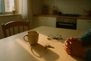 A quiet sunlit kitchen table in a Tel Aviv apartment on a weekday morning, a ceramic coffee cup beside a set of house keys, a pair of reading glasses and a folded pair of hands resting at the edge of the frame. Warm low-angle light through a window, muted beige and soft blue tones, long gentle shadows across pale wood. Clean editorial photography, shallow depth of field, calm and unstaged.