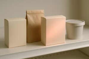 A close overhead shot of a supermarket shelf edge in soft daylight, a row of unbranded plain packaged food containers in muted cream, kraft and pale grey, one of them turned slightly forward and lit with a subtle warm red glow spilling across its surface. Shallow depth of field, clean neutral background, calm editorial product photography with soft shadows and a restrained color palette.