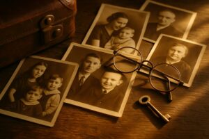 A close overhead view of an old wooden table covered with faded family photographs, a worn leather suitcase corner, a pair of reading glasses and a small brass key, arranged in soft overlapping layers. Warm late afternoon window light rakes across the surface, casting gentle shadows. Muted sepia and amber tones against dark wood. Editorial still life photography with shallow depth of field.