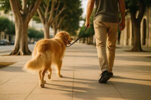 A golden retriever on a leash walking beside its owner along a wide urban sidewalk lined with mature ficus trees, shot from behind at low angle so only legs and the dog are in frame. Warm late afternoon Mediterranean light, long soft shadows across pale concrete, muted greens and sandy beige tones. Clean editorial street photography with shallow depth of field and a blurred city background.