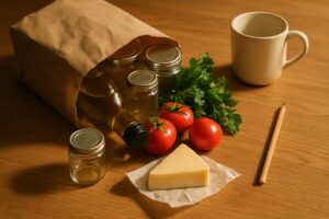 A close overhead shot of a warm oak kitchen table with a half unpacked paper grocery bag tipped on its side, groceries spilling gently out: a glass bottle of olive oil, a few plain glass jars, tomatoes, a bunch of parsley, a wedge of cheese in wax paper. A simple ceramic mug and a pencil rest beside them. Warm late morning window light from the left, soft long shadows, muted palette of oak brown, deep green and cream. Clean editorial food photography with shallow depth of field.