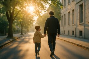 An early morning scene on a quiet residential street, a child and a parent walking together in soft golden sunrise light, long shadows stretching across the pavement, green trees and pale stone buildings in the background. Warm amber and soft blue tones, gentle low-angle sunlight flaring between branches. Clean editorial photography with shallow depth of field and a calm, unhurried mood.