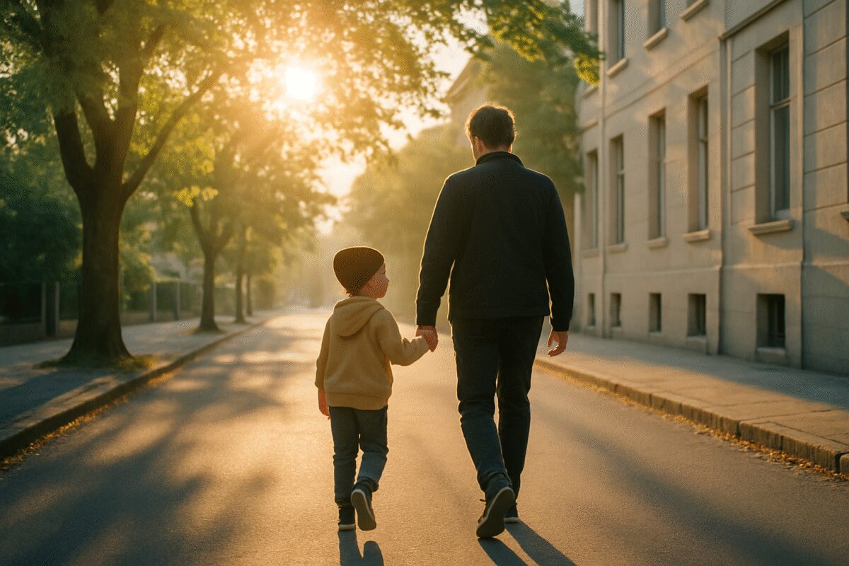 An early morning scene on a quiet residential street, a child and a parent walking together in soft golden sunrise light, long shadows stretching across the pavement, green trees and pale stone buildings in the background. Warm amber and soft blue tones, gentle low-angle sunlight flaring between branches. Clean editorial photography with shallow depth of field and a calm, unhurried mood.