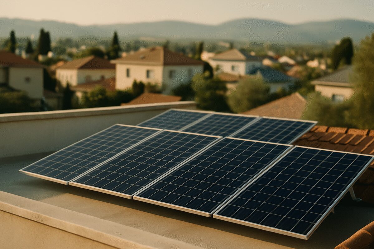 A residential rooftop in an Israeli suburb during late afternoon, neat rows of dark solar panels tilted above pale concrete and terracotta tiles, a low parapet wall running along the edge of the frame. Warm raking sunlight catches the panel surfaces and casts long soft shadows across the roof deck. Muted sand, slate blue and dusty green tones, hills blurred in the far distance. Clean editorial photography, shallow depth of field, calm and unstaged.