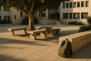 A late afternoon university campus courtyard in Israel, empty concrete benches arranged under a mature ficus tree, a worn canvas backpack resting against a low Jerusalem stone wall. Warm low side light rakes across pale paving stones and casts long soft shadows, muted olive, sand and dusty blue tones. Clean editorial photography, shallow depth of field, calm and unstaged, no people in frame.