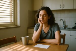 A calm weekday morning in an Israeli apartment kitchen, a woman in her forties seated at a small wooden table with her chin resting on one hand, a ceramic mug and a plain white envelope turned face down beside her. Soft daylight falls through a shuttered window, casting long gentle shadows across the table. Muted sand, warm grey and pale blue tones, shallow depth of field. Clean editorial photography, natural light, quiet and unstaged.