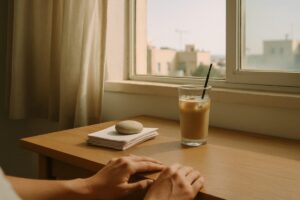A small home workspace in an Israeli apartment on a late summer morning, a wooden desk beside a window with a stack of plain paper receipts held under a smooth stone, a cooling glass of iced coffee and a pair of hands resting still at the edge of the desk. Soft natural light from the left, muted sand and pale blue tones, a linen curtain moving slightly. Clean editorial photography, shallow depth of field, quiet and unstaged.
