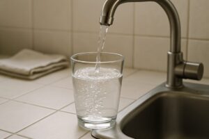 A close view of clear water filling a plain drinking glass from a domestic kitchen tap, water surface catching soft daylight from a nearby window. Pale tiled counter, a stainless sink edge, a folded dish towel just out of focus in the background. Israeli apartment kitchen, muted greys and warm off white tones. Clean editorial photography, natural light, shallow depth of field, calm and unstaged.
