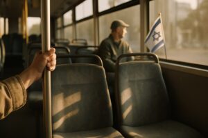 A commuter's hand resting on the metal grab rail inside a half empty Israeli city bus in the late afternoon, warm low sun falling in stripes across worn fabric seats. A second passenger sits further back near the window, out of focus, in muted olive and grey clothing. Soft dusty light, restrained palette of beige, steel blue and faded green, shallow depth of field. Clean editorial photography, quiet and unstaged.