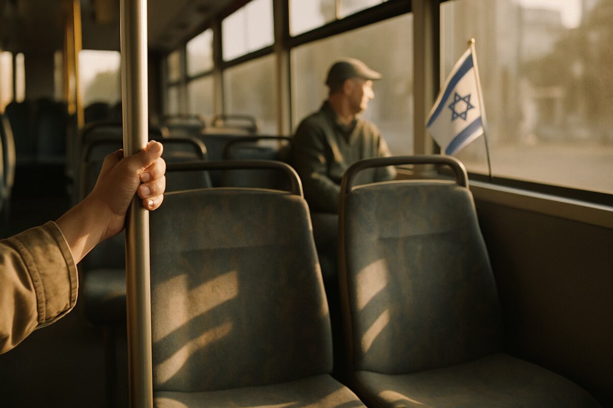 A commuter's hand resting on the metal grab rail inside a half empty Israeli city bus in the late afternoon, warm low sun falling in stripes across worn fabric seats. A second passenger sits further back near the window, out of focus, in muted olive and grey clothing. Soft dusty light, restrained palette of beige, steel blue and faded green, shallow depth of field. Clean editorial photography, quiet and unstaged.